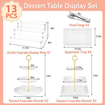 Xoogifae 13pcs Dessert Table Display Set, 4pcs Tiered Cupcake Stand Holder Tower, 1pc Acrylic Dessert Display Riser, 6pcs Serving Trays, 2pc Tong Combo For Wedding Party Birthday Bride Baby Shower
