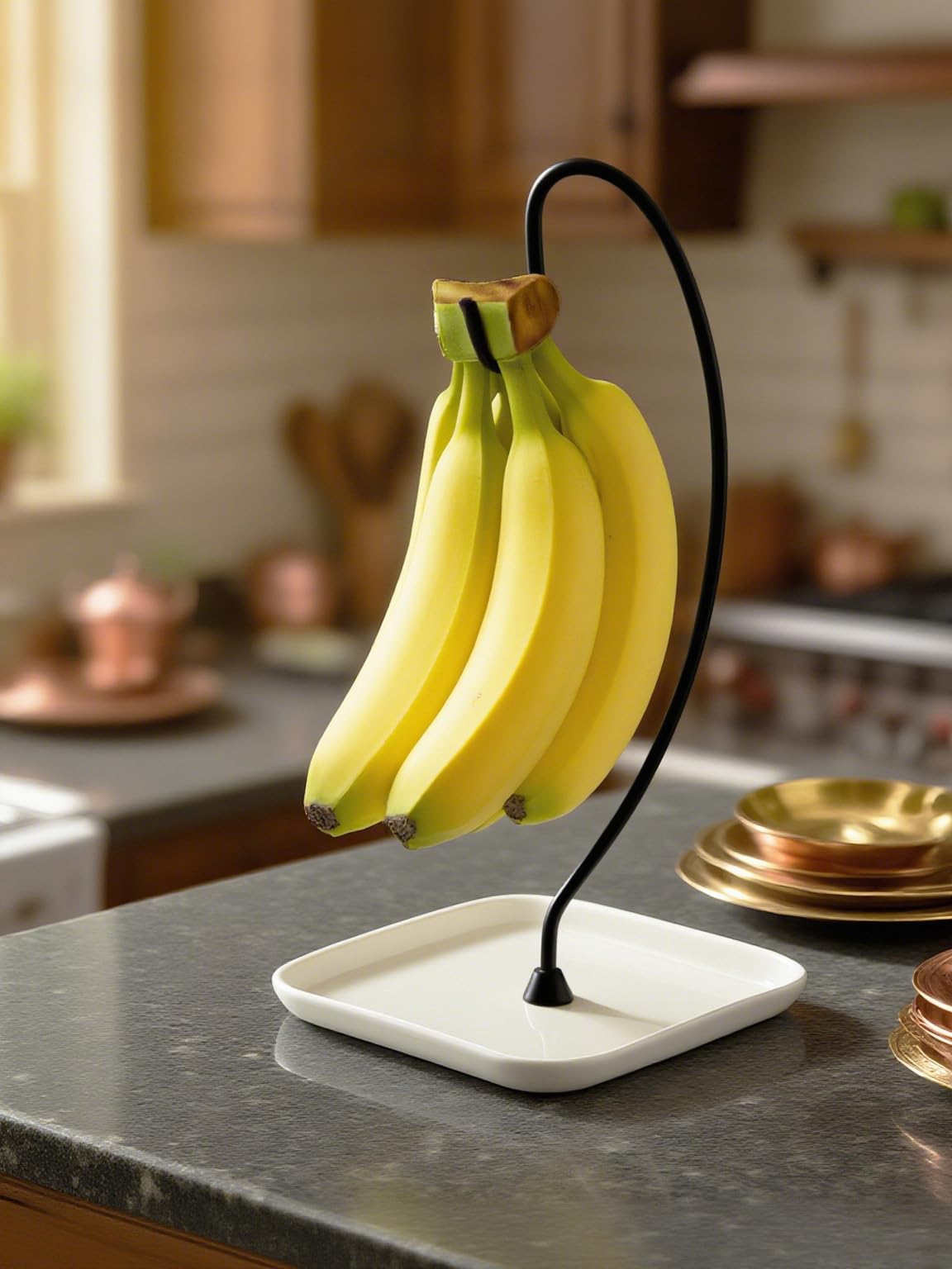 VROOMIUM Banana Holder Stand with Ceramic Bowl - Holds Up to 5 Pounds Bananas, Hassle-free Cleaning, Stylish and Chic Design Banana Rack - Chic Black