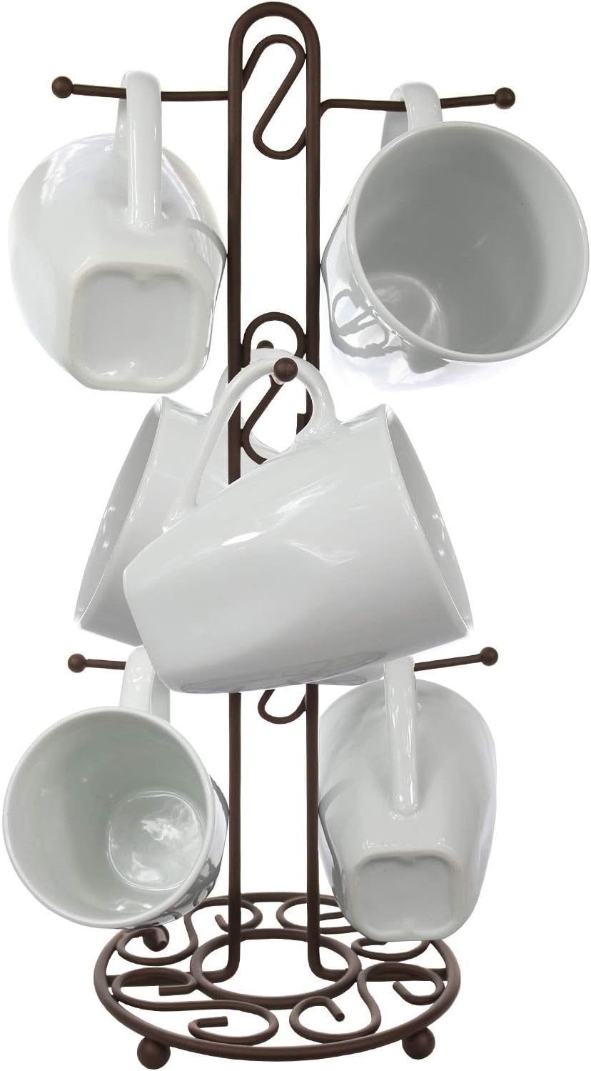 Blue Donuts Farmhouse Coffee Mug Rack, Bronze Coffee Cup Holder for 6 Mugs, Vintage Organizer