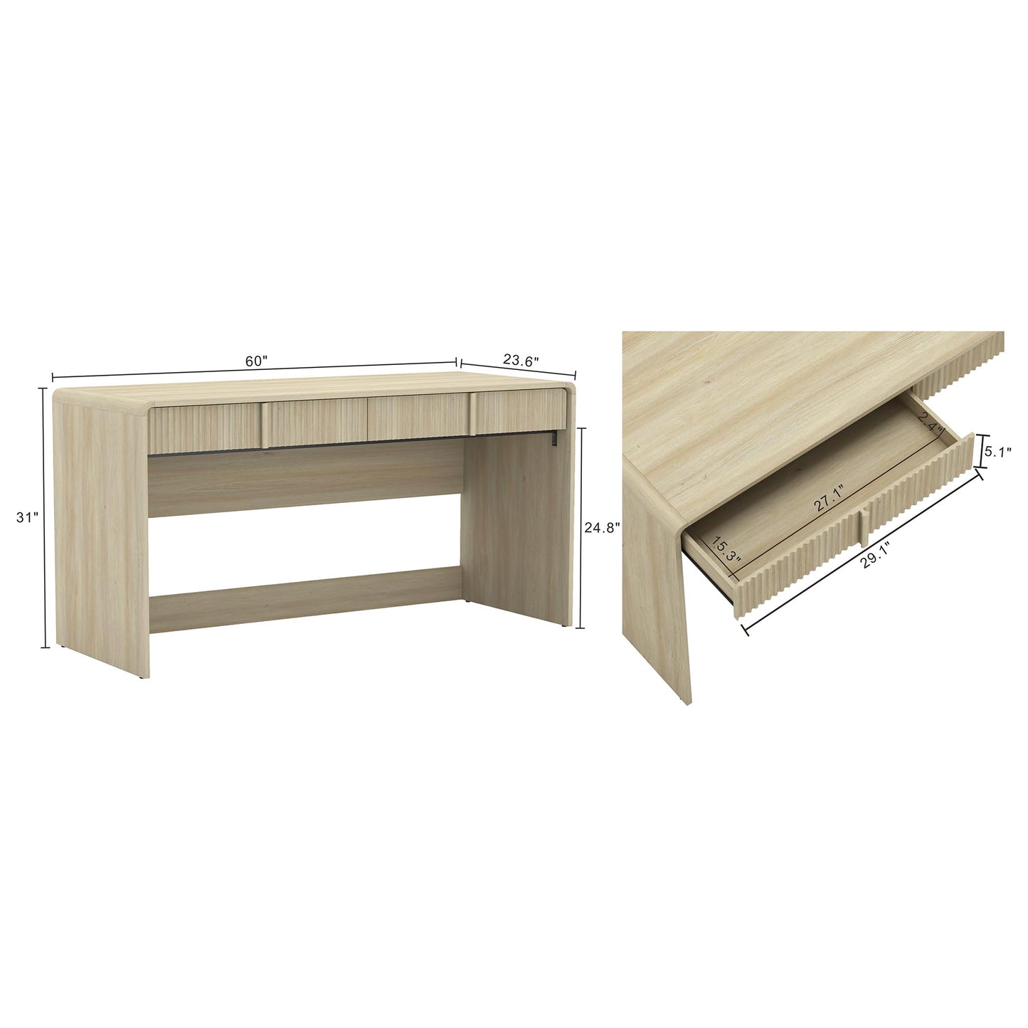 Manhattan Comfort Novara Modern 60" Writing Desk with 2 Smooth-Glide Drawers with Fluted Fronts, Office Desk with Large Work Surface, Stylish Rounded Edges, Whitewashed Oak