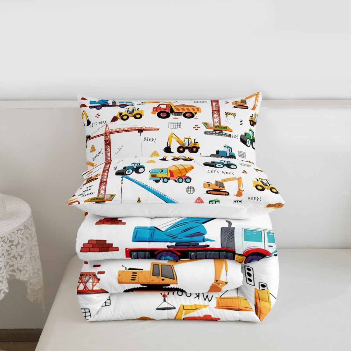 Set Bulldozer Set 3Pcs Tractor Comforter, Excavator Machinery Trucks Bedding Full Size, Construction Vehicle Down
