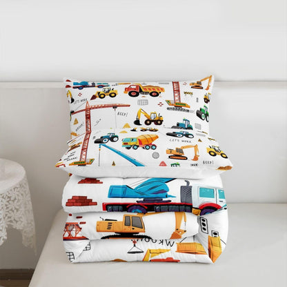Set Bulldozer Set 3Pcs Tractor Comforter, Excavator Machinery Trucks Bedding Full Size, Construction Vehicle Down