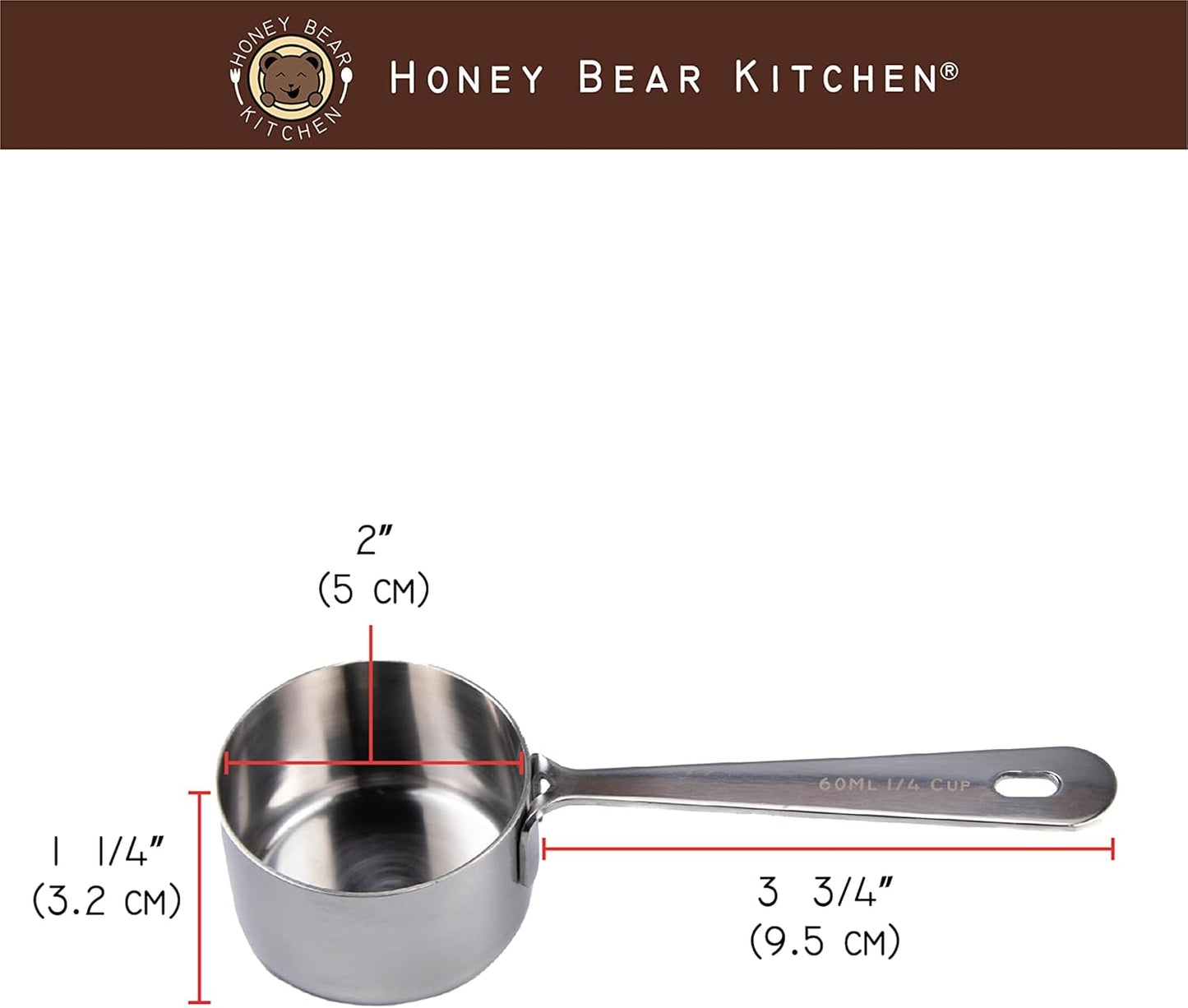 Honey Bear Kitchen 1/4 Cup Measuring Scoop Cups v2 - Polished Stainless Steel (Set of 2)