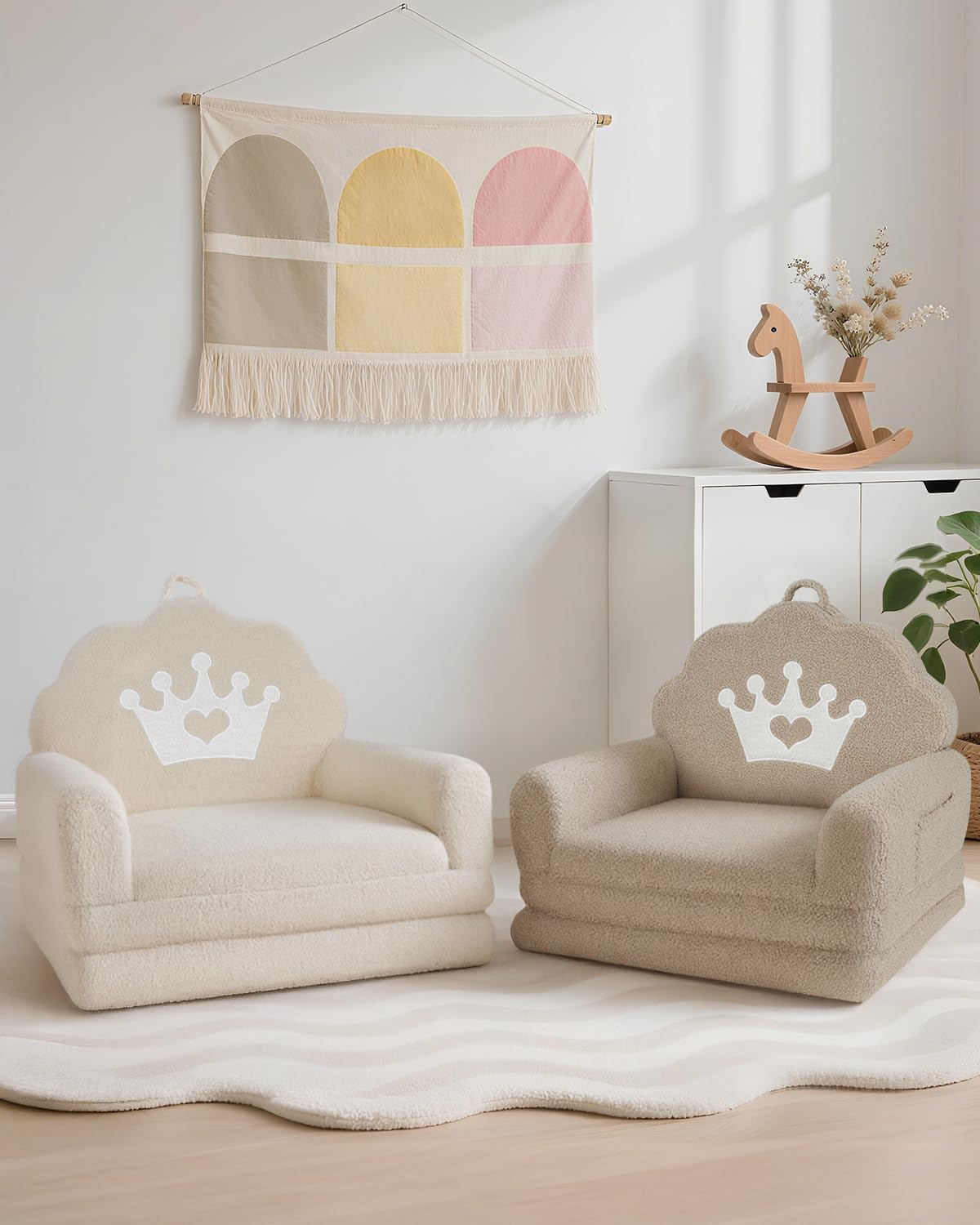 2-in-1 Cozy Kids Couch Fold Out, Soft Teddy Sherpa Toddler Couch with Crown Design, Convertible Kids Sofa to Lounger