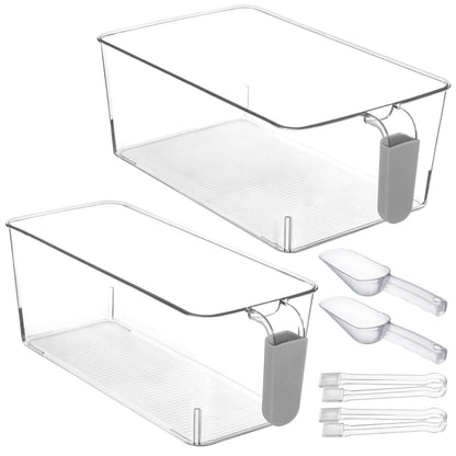 2 PCS Ice Bin with Scoop and Tong, Ice Bucket with Pull-out Handle for Freezer, 2 Sizes Clear Plastic Ice Container for DIY Drink Summer Party, 12.2 x 6.9 x 4.3 in, 12.2 x 4.9 x 4.3 in, Gray Handle