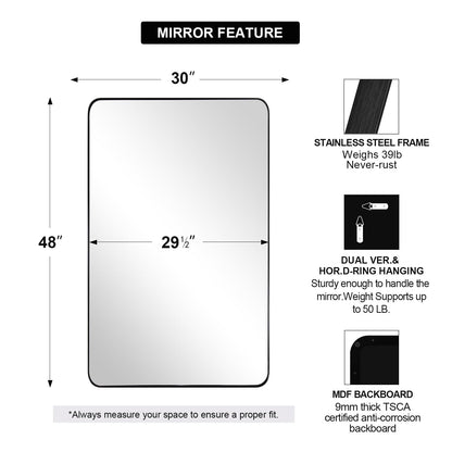 ANDY STAR 30”x48” Black Bathroom Mirror, Wall Mirror for Bathroom, Rounded Rectangle Mirror in Premium Stainless Steel Metal Frame Hangs Horizontal Or Vertical (Matte Black)