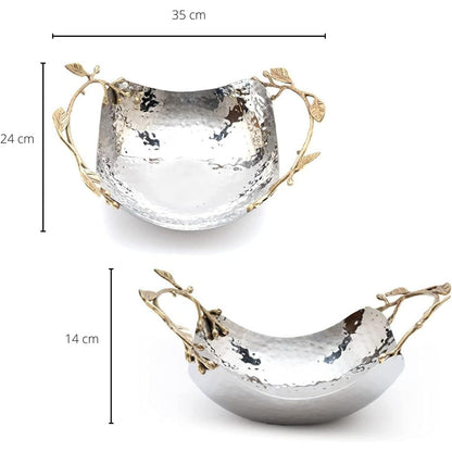 GUTE Decorative Silver Hammered Bowl, Single Piece, 13.78 x 9.45 x 5.51 Inch Stainless Steel Brass Gold Leaf Handle Basket Fruit Holder Organizer Centerpiece Display, Dining Living Room Decor Gift