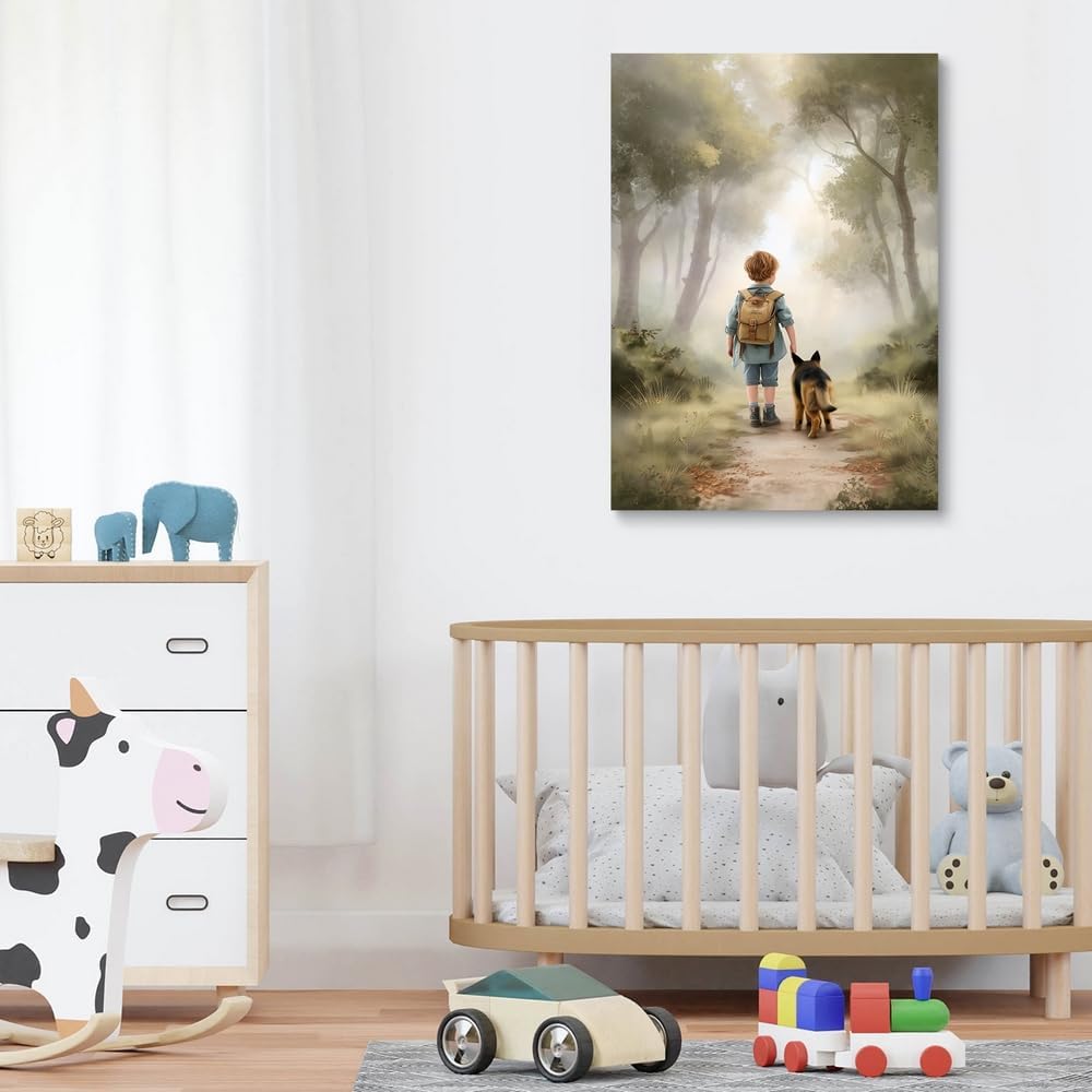 SKYSUKEY 16"x24" Boy and Dog Friend German Shepherd Dog Adventure Nursery Wall Decor, Outdoor Forest Nursery Wall Art