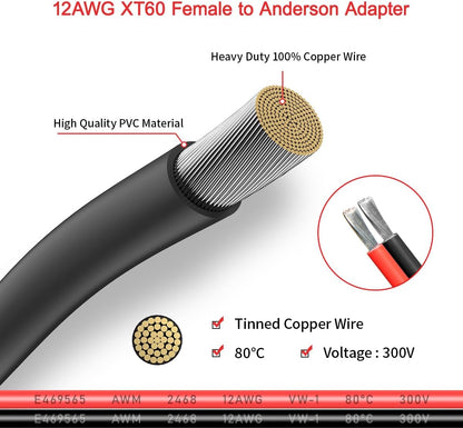 XT60 to Anderson Adapter, 12AWG XT60 Female to Anderson Connector Cable for RC Battery, Solar Power Station