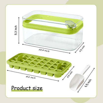 Ice Cube Tray with Lid and Bin, 2 Pack Ice Cube Trays for Freezer, 64 Pcs Ice Cube Mold, Press Button Easy Release Ice Tray, Small Ice Cubes Maker for Drinks(Green)