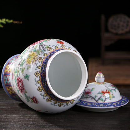 Ceramic Jar with Lid for Home Decor Traditional Chinese Flowers and Birdstemple Handcrafted Porcelain Vase