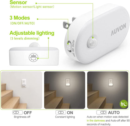 AUVON Night Light Plug in with Motion Sensor (120 Lumens), Dimmable Smart LED Night Lights, 1-120lm Brightness, for Bathroom, Hallway, Garage, Toilet (4 Pack)