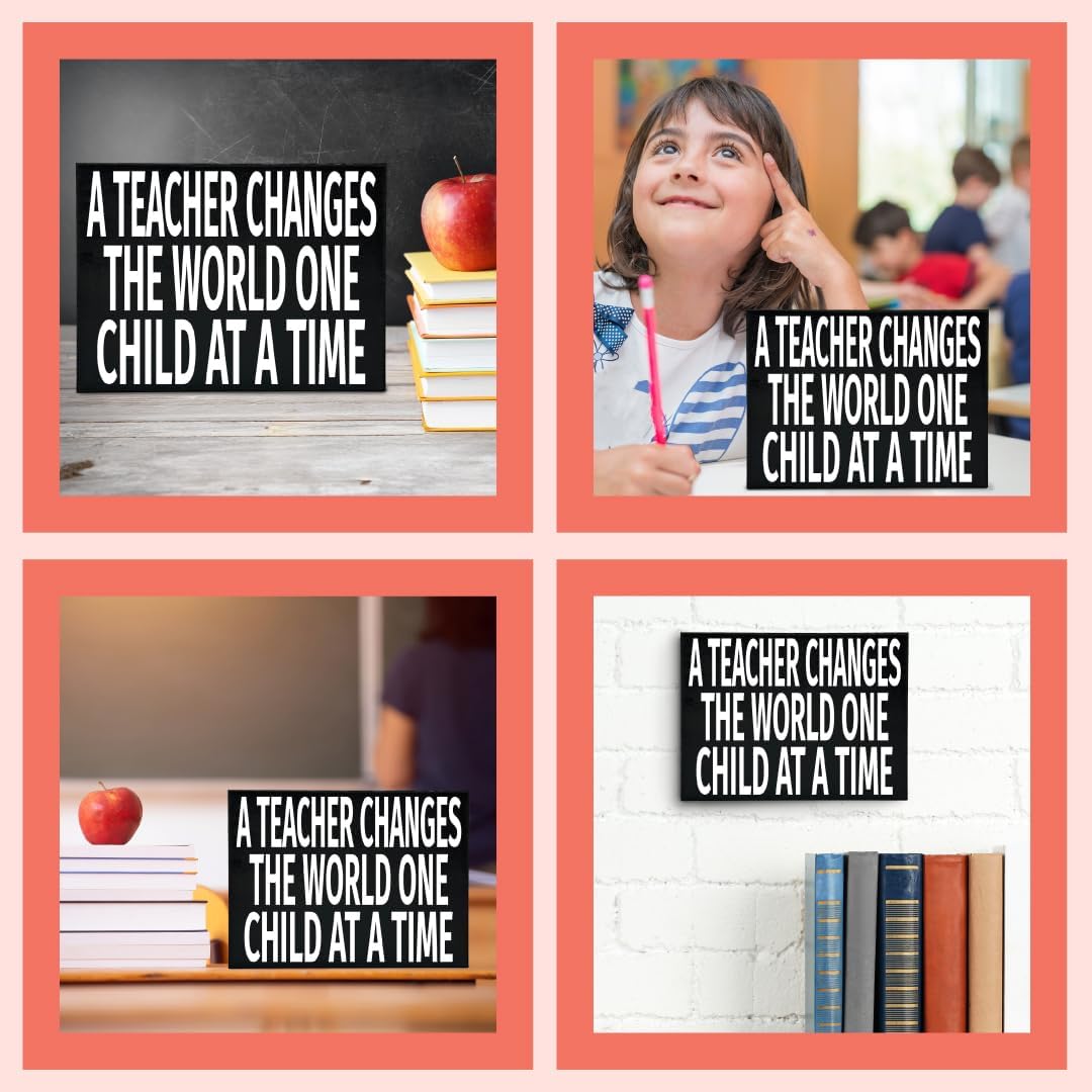 JennyGems Inspirational Teacher Gift Wood Sign, A Teacher Changes the World One Child at a Time, Classroom Decor