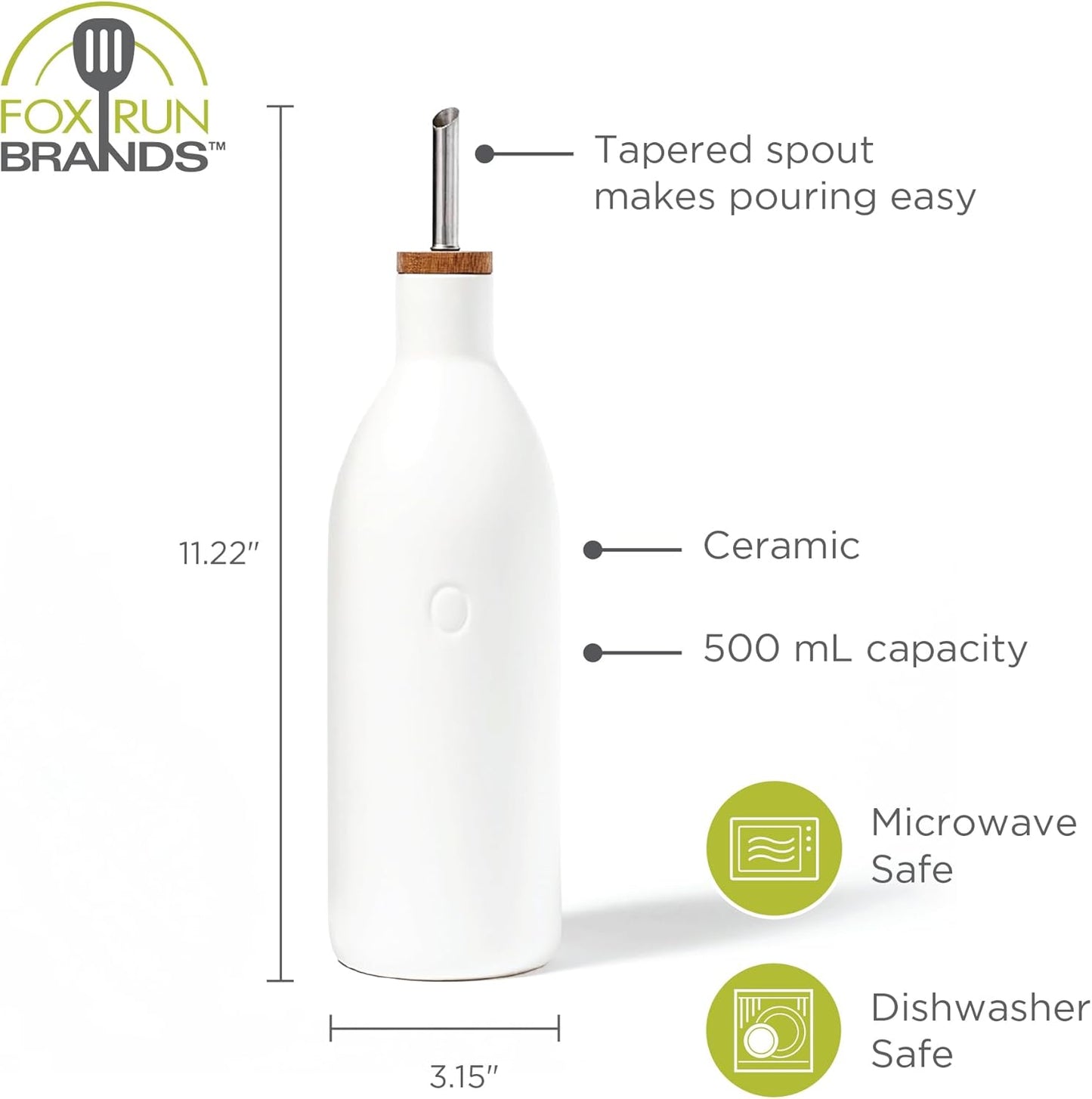 17 oz/500 ML Fox Run White Ceramic Oil Bottle, Olive Oil Dispenser With Pouring Spout and Cap