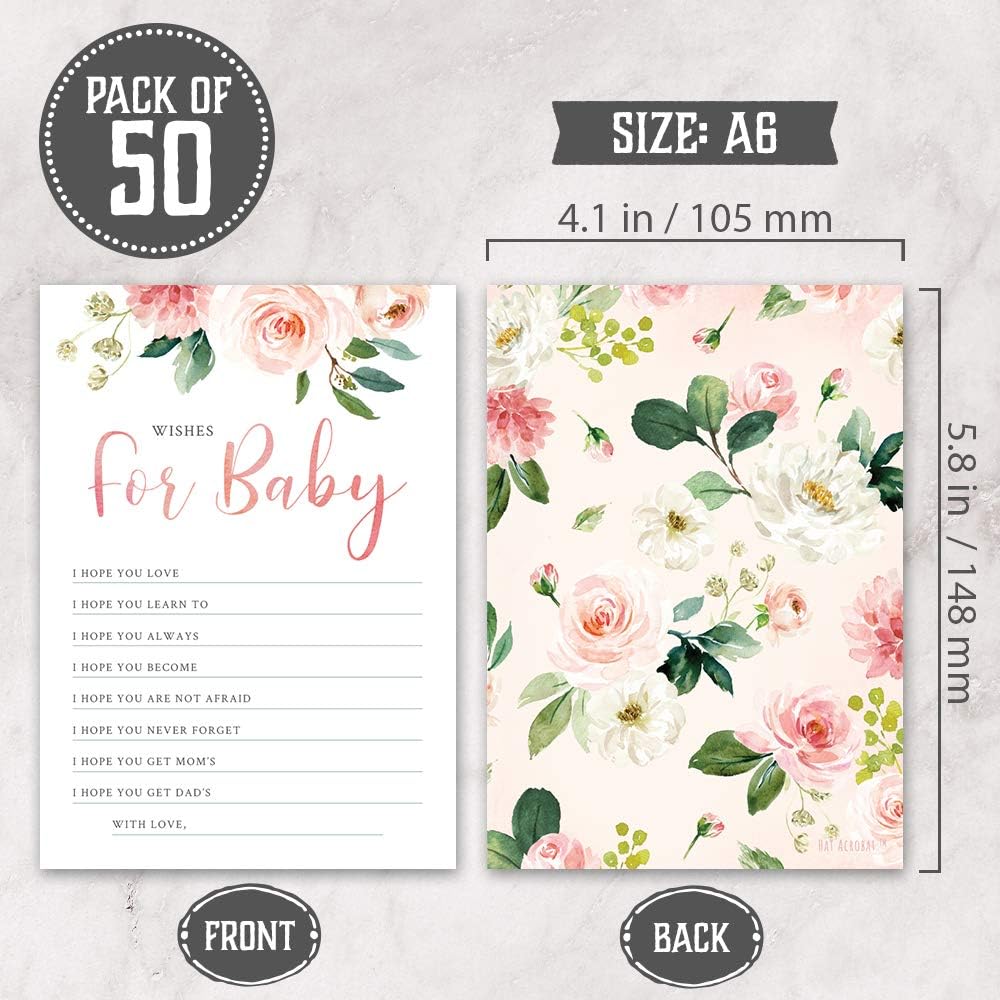 Hat Acrobat Set of 50 Wishes for Baby Cards for Baby Shower - Cute Floral Baby Shower Games, Blush Pink