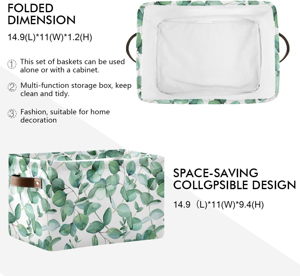 xigua Collapsible Green Leaves Storage Basket, Waterproof Canvas Toy Storage Bin with Leather Handles, 1PCS