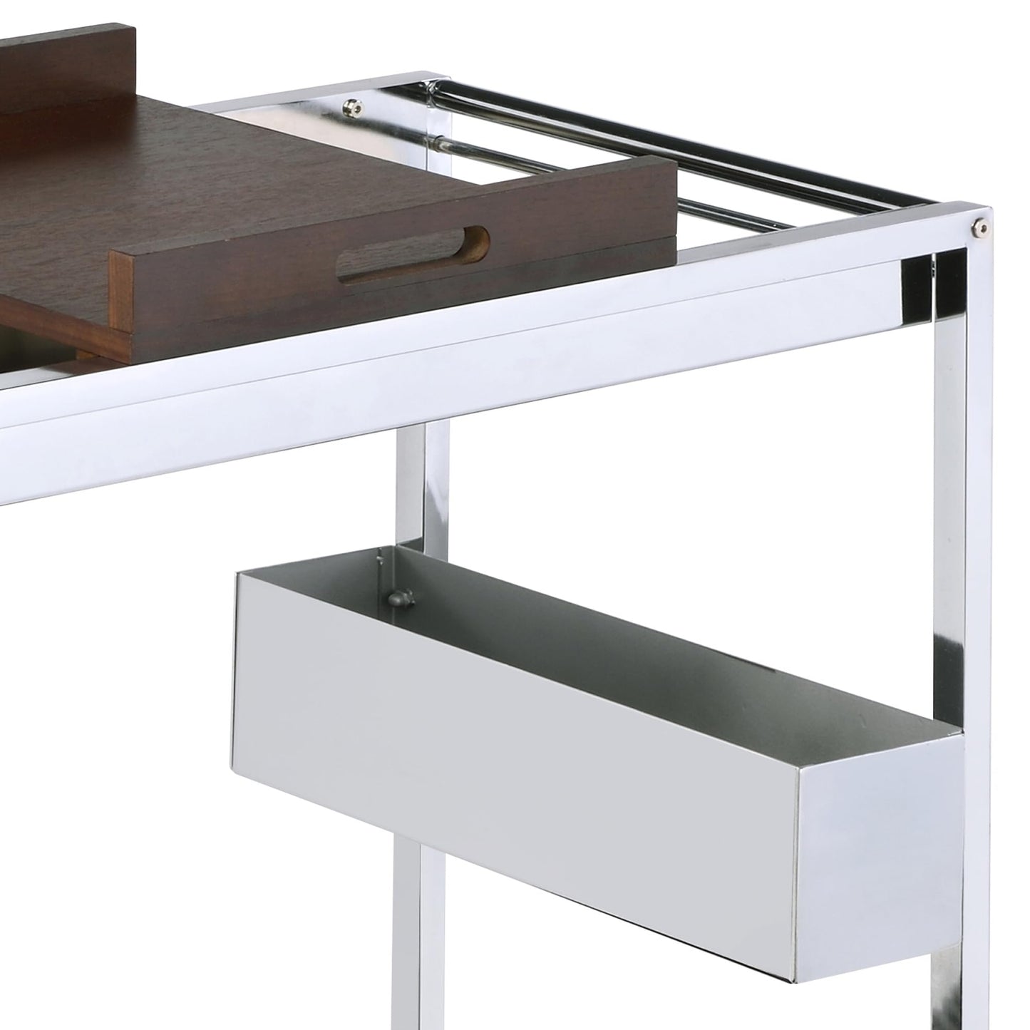 roomfitters Lisses Chrome and Walnut Serving Cart, Contemporary Luxury electroplated Electroplated Bar Trolley with Removable Serving Tray and Stemware Shelf