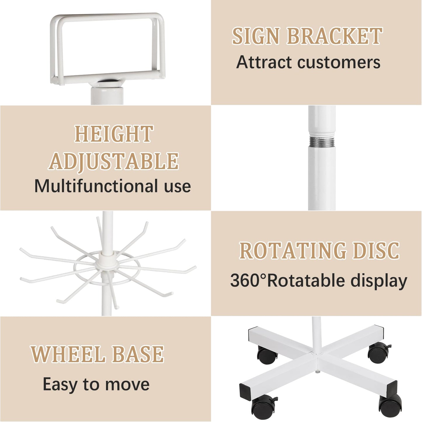 Exttlliy 5-Tier Metal Spinning Display Stand Rack with Wheels, Keychain Jewelry Stocking Hat Display Stand, White