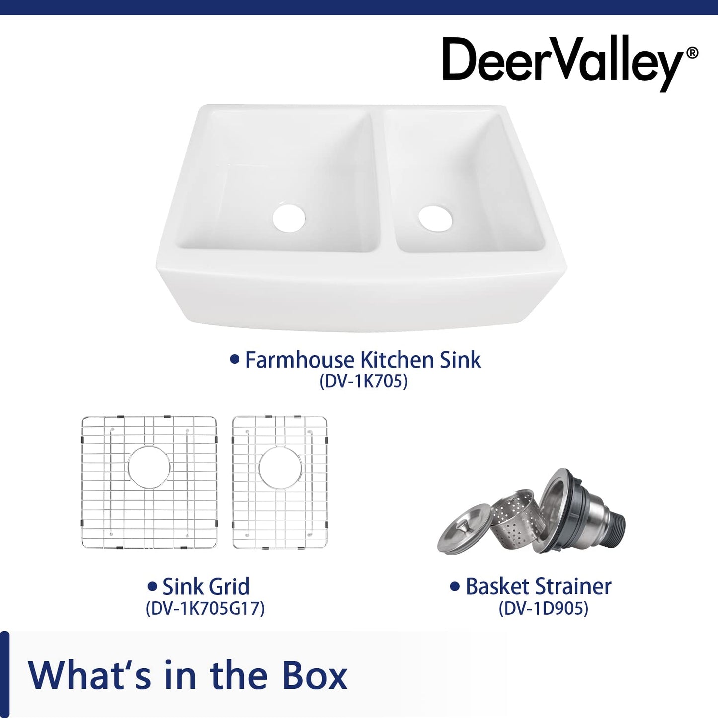 DeerValley Double Bowl White Kichen Sink 33 inch, Ceramic Apron Front Farmhouse Sink, Deep Drop-in Fireclay Undermount Large Sinks with Grid & Strainer