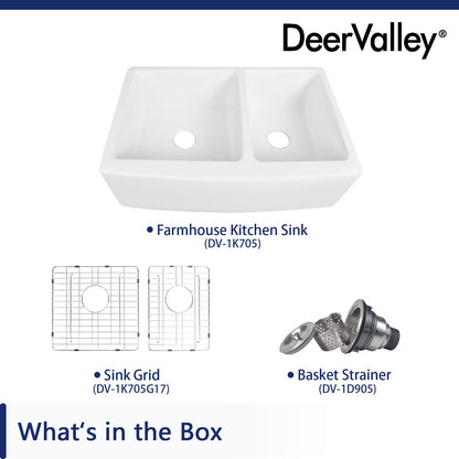 DeerValley Double Bowl White Kichen Sink 33 inch, Ceramic Apron Front Farmhouse Sink, Deep Drop-in Fireclay Undermount Large Sinks with Grid & Strainer