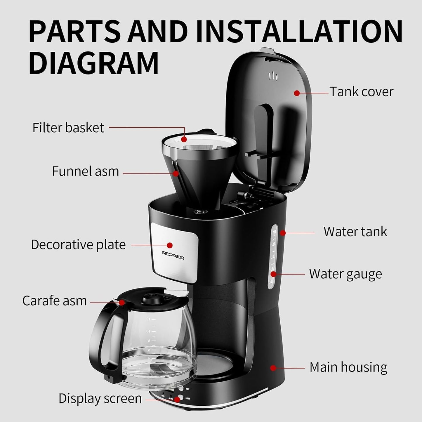 12-Cup Filter,Programmable Drip Coffee Maker with Reusable Clock,Auto Brew,Water Window,Keep Hot Plate,Glass