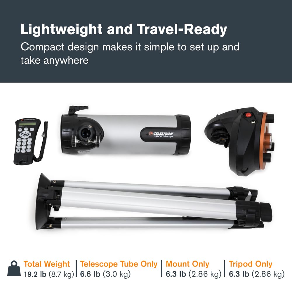 Celestron - 114LCM Computerized Newtonian Telescope - Telescopes for Beginners - 2 Eyepieces - Full-Height Tripod - Motorized Altazimuth Mount - Large 114mm Newtonian Reflector