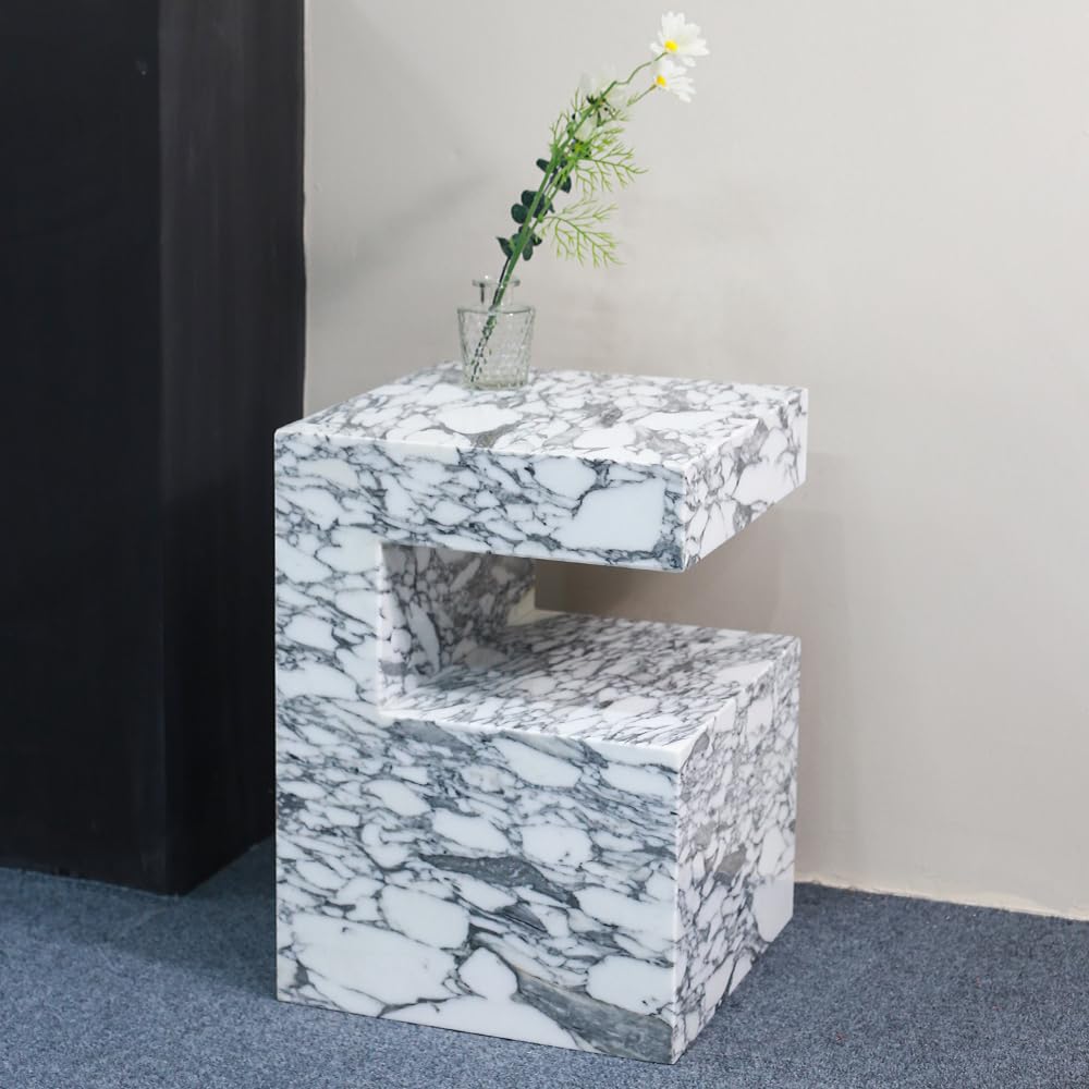 Natural Marble C-Shaped End Table, Luxurious Handmade Coffee Table Suitable for for Living Room Bedroom Bathroom Small Spaces, No Installation Marble Sofa Table for Modern Home Decor