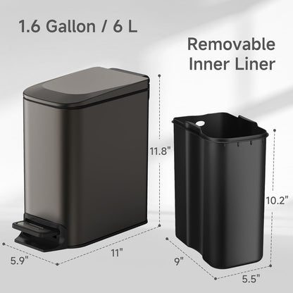 TIPGO Slim Bathroom Trash Can - 6 Liter Stainless Steel Garbage Can with Soft Close Lid | Black Gold