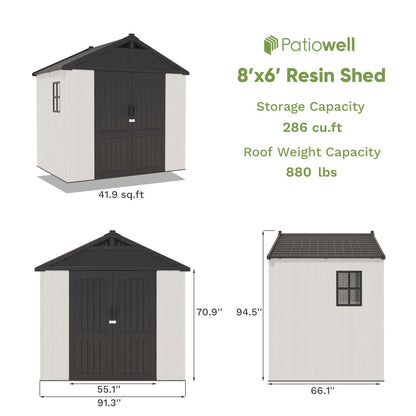 Patiowell 8 x 6 FT Plastic Outdoor Storage Shed with Floor, Resin Shed with Window and Lockable Door for Garden, Backyard, Tool Storage Use, Easy to Install in Beige (Kick-it Shed)