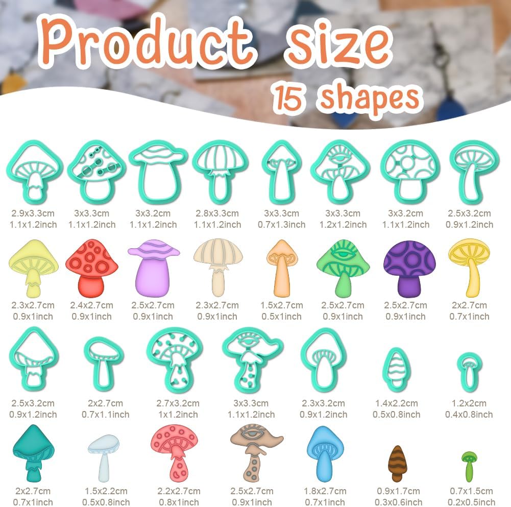 15pcs 3D ACRNIGHEET Mushroom Clay Cutters - Clay Cutters for Polymer Clay, Clay Cutters Shapes Mushroom, Cookie Cutter