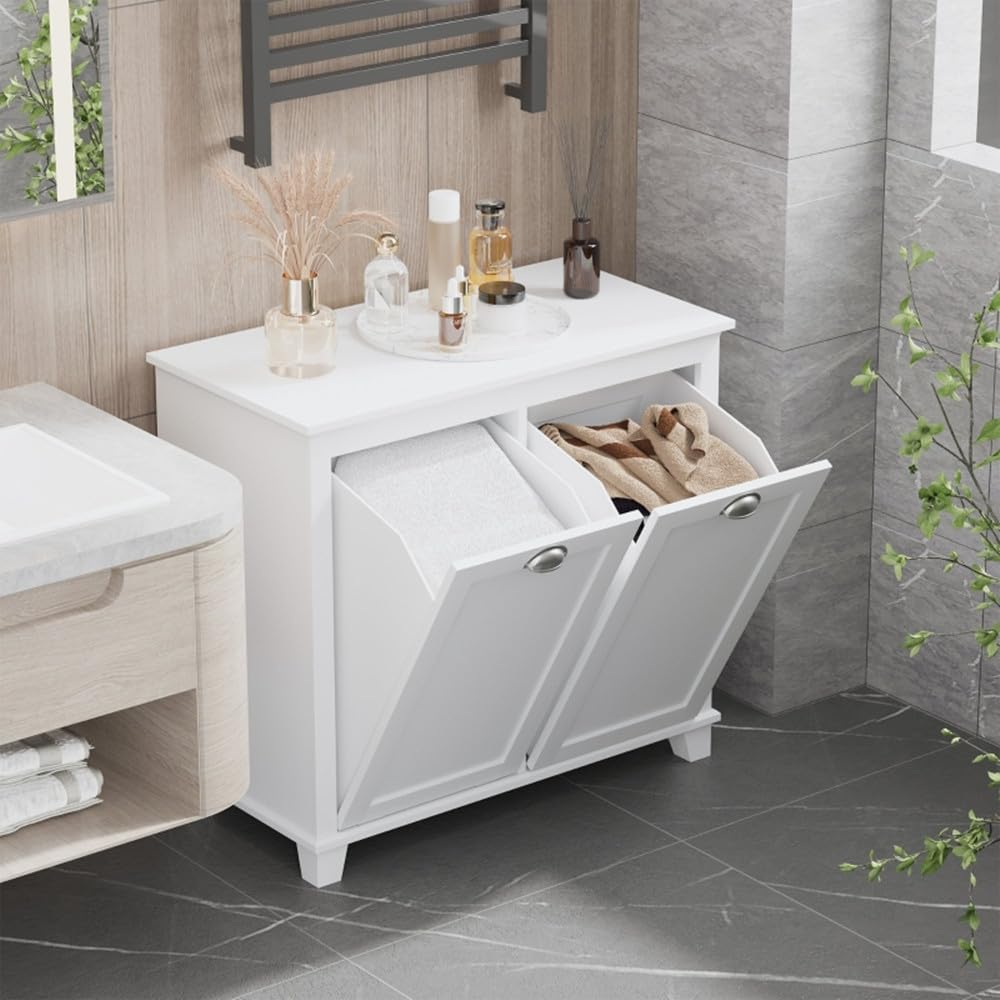 White Tilt Out Laundry Hamper Cabinet Bathroom Storage Organizer White Small Space Floor Standing Sorter with 2 Compartments Laundry Room Bedroom Hidden Hamper Freestanding Narrow Space Saving