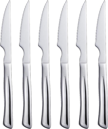 Silver Steak Knife Set, 6 Piece Stainless Steel Kitchen Utility Knives, 8.7-inch Serrated Dinner Knives