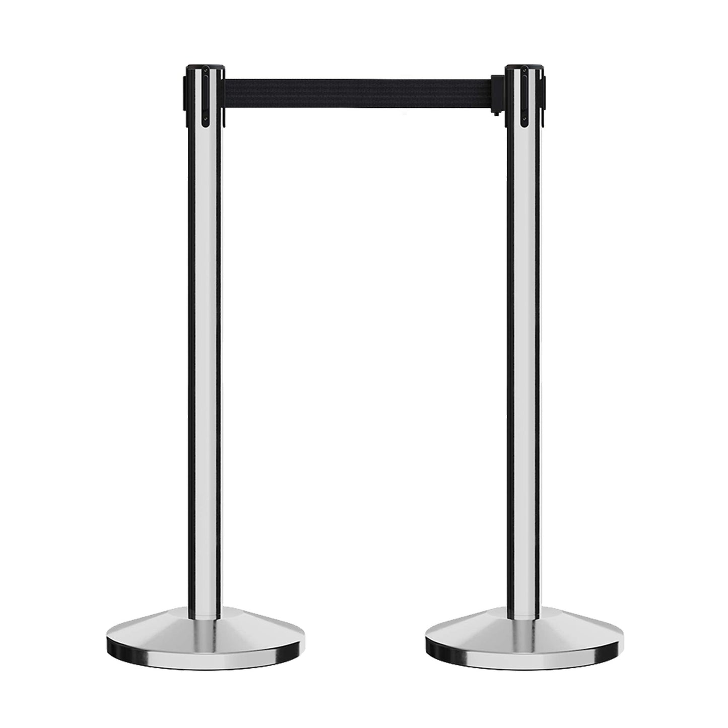 Crowd Control Warehouse Set of 2 Stanchion Retractable Belt Barriers, 11 Foot Black Belt Barrier with 40” Polished Stainless Steel Posts, Barriers with Heavy Duty Concrete Base, CCW Series RBB-100
