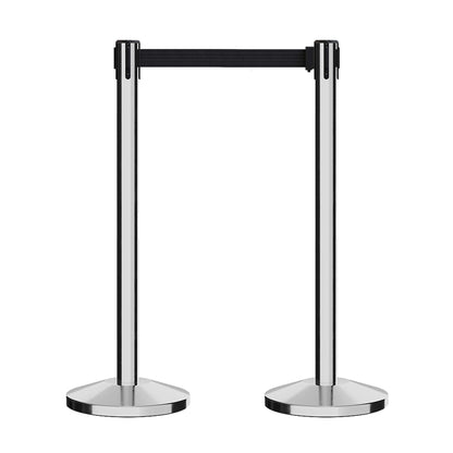 Crowd Control Warehouse Set of 2 Stanchion Retractable Belt Barriers, 11 Foot Black Belt Barrier with 40” Polished Stainless Steel Posts, Barriers with Heavy Duty Concrete Base, CCW Series RBB-100