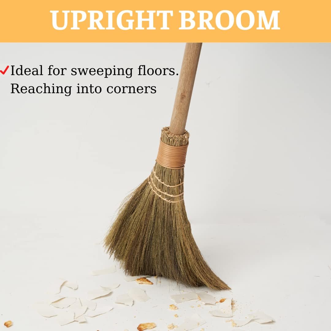 Handmade Vietnamese Straw Broom, Single Handle – Free Halloween Decoration Set, Witch Broom for Costume, Haunted House & Indoor Decor, Soft Grass Whisk Broom for Sweeping or Display