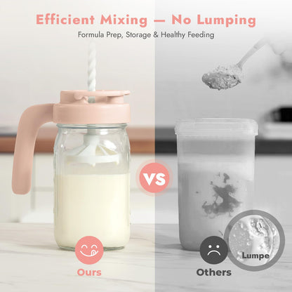 Papablic Glass Formula Pitcher, Fast Baby Breastmilk Maker with Mixing Handle Lid, Wide Mouth Mason Jar Breast Milk Storage Container with Flip-Lock Spout, BPA-Free, Pink
