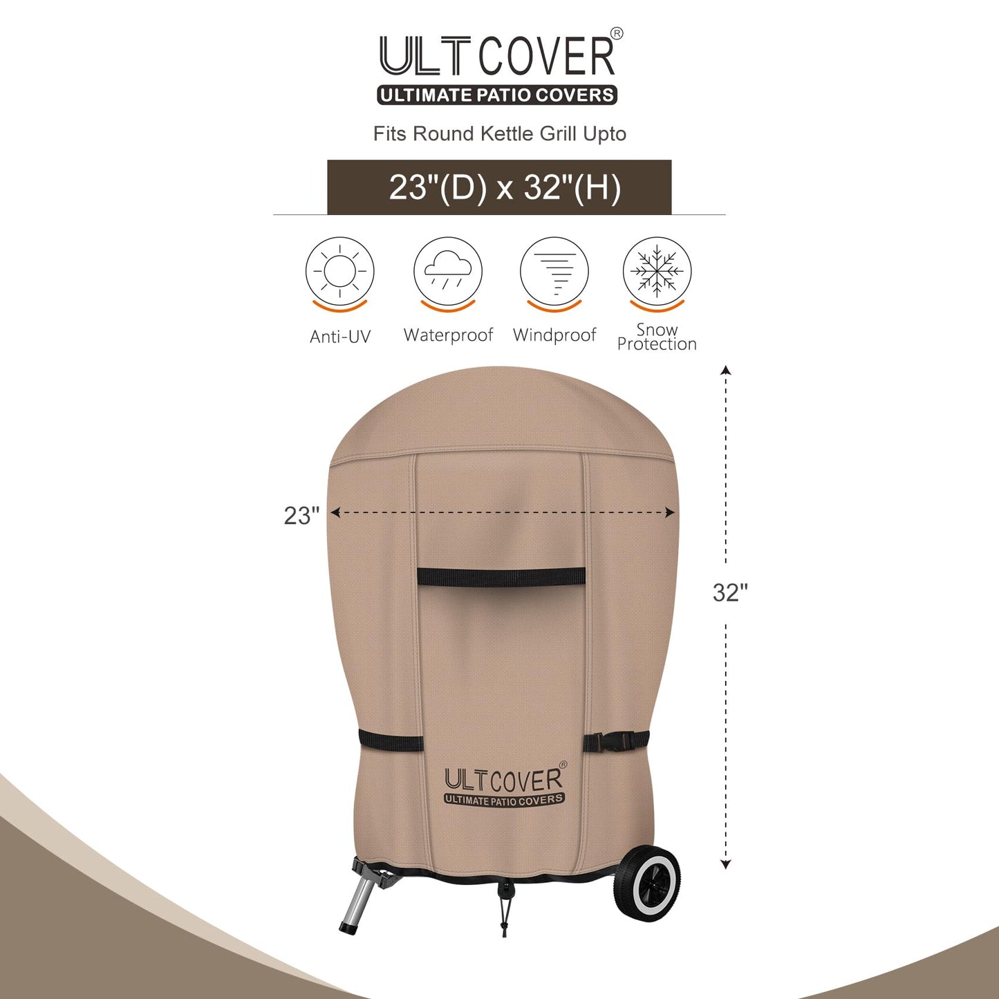 ULTCOVER Outdoor Waterproof Charcoal Kettle Grill Cover for Most 18 inch Round Smoker Size Up to 23” Dia x 32” H