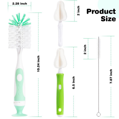 Baby Bottle Brush with One Base Hidden Nylon Nipple Cleaner, Stand Suction Cup,2 Pack Straw Brushes,1 Pack Sponge Nipple,1 Piece Replacement Head, Green