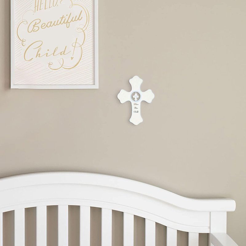 DEMDACO Bless This Child Wall Cross - Blessing Cross for Baby - Faith Nursery Decor - Gift for Newborn - Religious Christian Wall Hanging - Porcelain - Gift Box Packaging - Blue