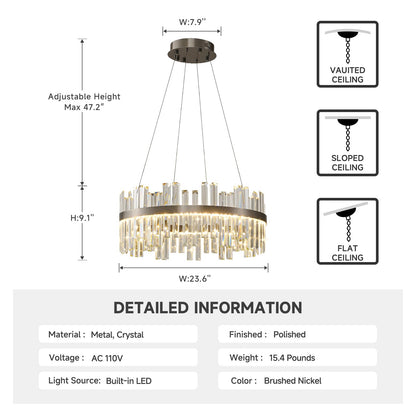 Nickel Led Modern Crystal Chandelier: 23.6" Round K9 Luxury Smoke Grey & Clear Crystal 3 Color Dimmable Contemporary Chandeliers for Dining Room Light over Table - Adjustable Height Light with Remote