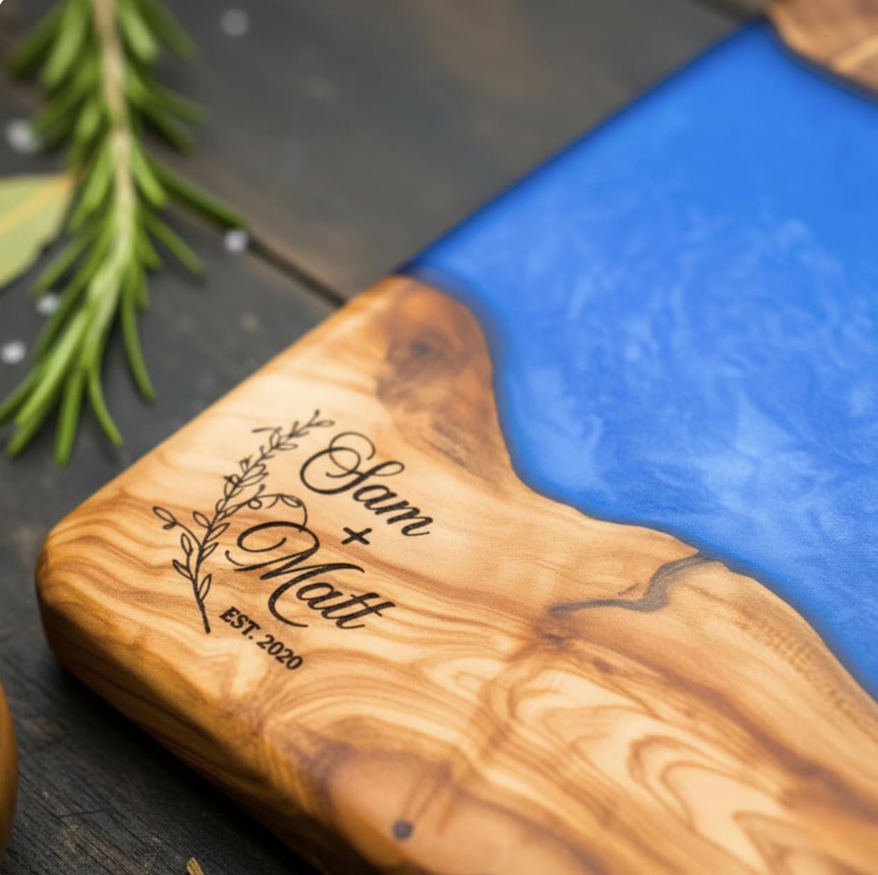 Custom Resin Charcuterie Board Personalized – Epoxy Olive Wood Cutting Board, Wedding or Holiday Gift