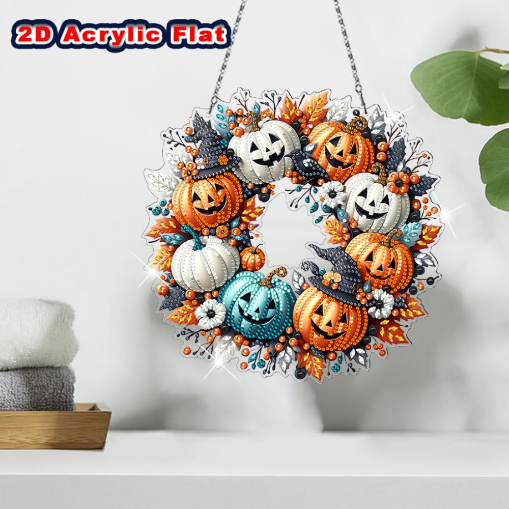 Yimofy Halloween Pumpkin Wreath Diamond Art Hanging Kits for Adults, DIY Double Sided Diamond Painting Ornament with Chain for Halloween Home Door Wall Window Decor (Pumpkin Wreath)