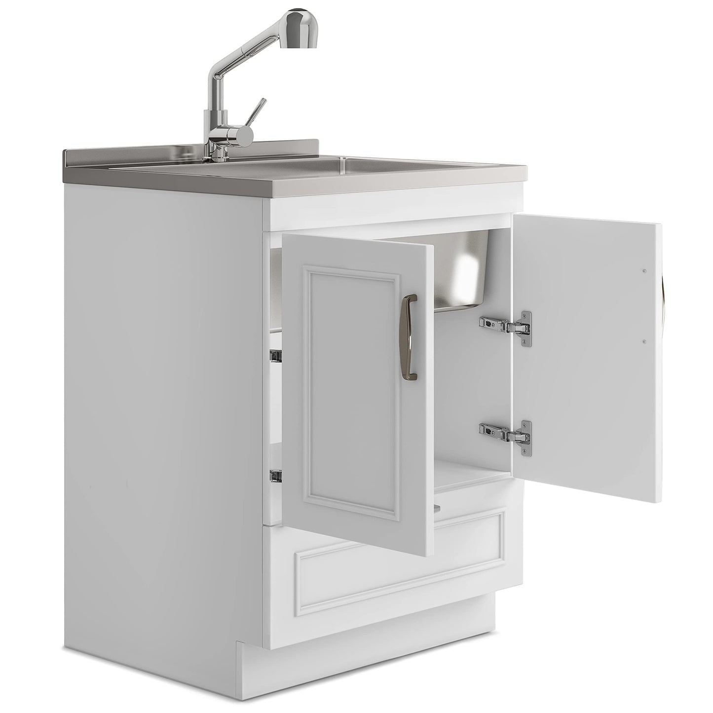 SIMPLIHOME Cardinal All-in-One 28 inch Wide Utility Sink and Laundry Cabinet in Pure White Finish, Transitional Stainless Steel Sink Cabinet for Laundry Rooms with Pull-Out Brushed Nickel Faucet