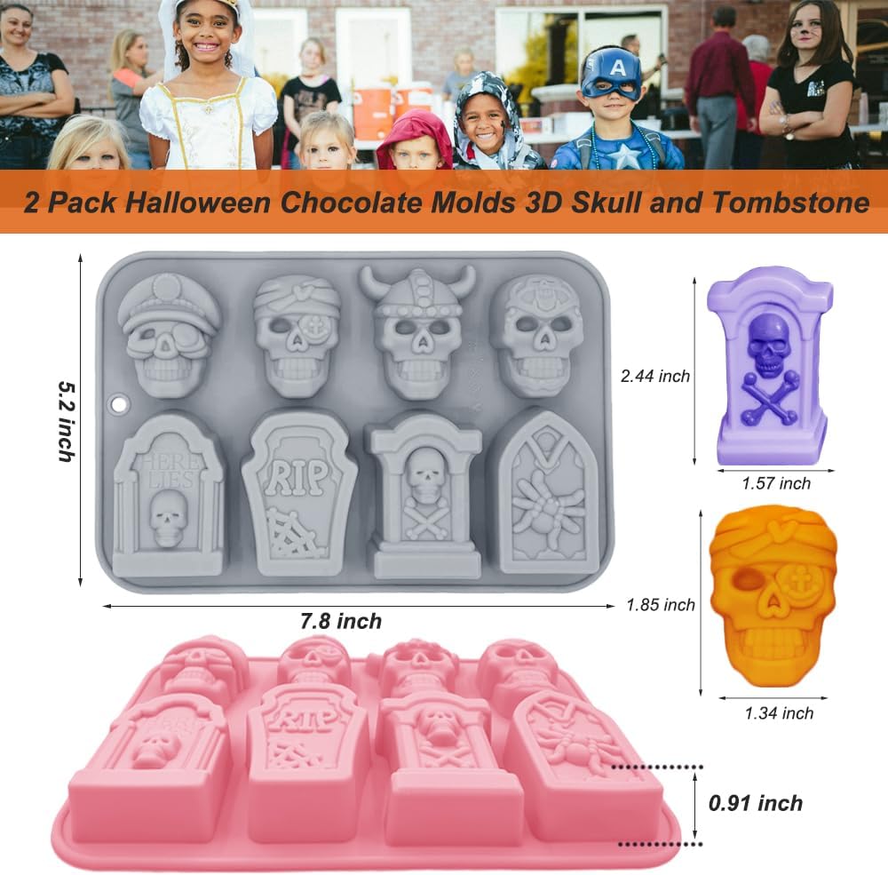 Halloween Chocolate Mold Silicone, 2pcs Skull and Tombstone Cavity Candy Gummy Mold for Baking Desserts