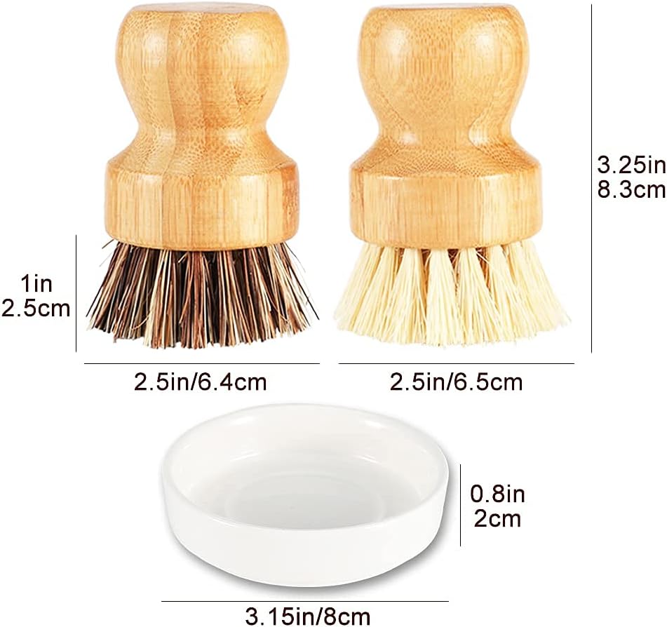 Bamboo Scrub Brush Set, Natural Bristles Palm Pot Brush, 4 Pack Mini Dish Brush with Ceramic Holder