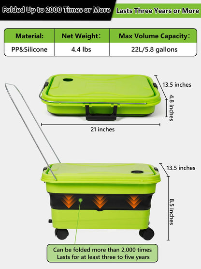 Collapsible Bucket 5.8 Gallon 22L with Wheels Handle Drain Plug Water Outlet and 2 Universal Connectors for Portable Pressure Washer Cordless Car Washing Camping RV Pet Bath Multi-Use