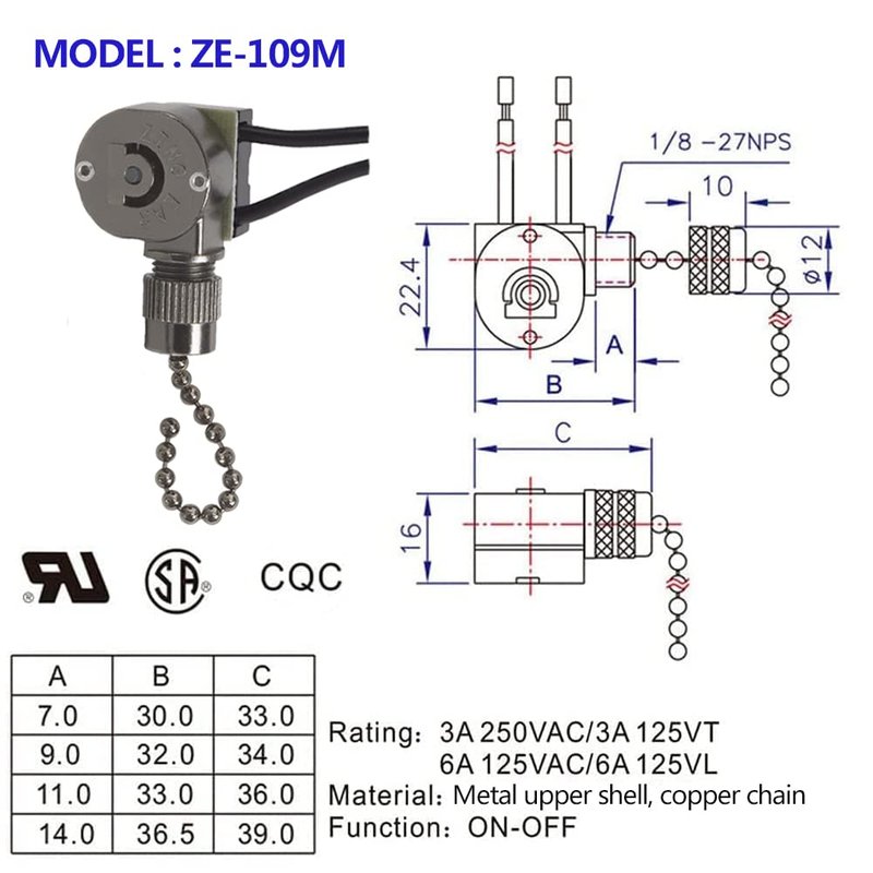 Ceiling Fan Light Switch ZE-109m Metal Pull Chain Switch,Two Wire Fan Switch For Ceiling Fan Light Fixture Replacement Parts- Gun Color