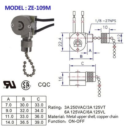 Ceiling Fan Light Switch ZE-109m Metal Pull Chain Switch,Two Wire Fan Switch For Ceiling Fan Light Fixture Replacement Parts- Gun Color