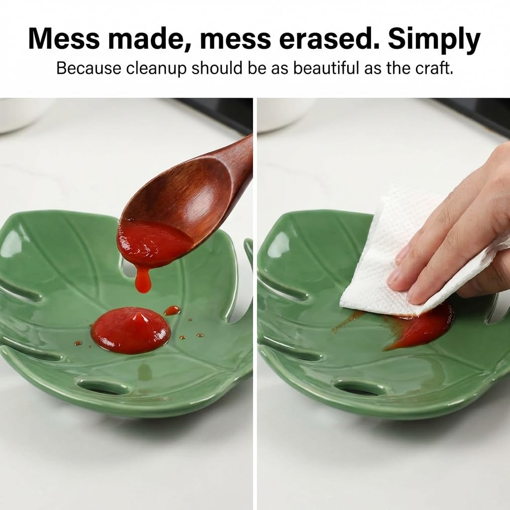 Ceramic Spoon Rest Leaf - Cute Spoon Rest for Stove Top, Decorative Kitchen Spoon Rest for Cooking Utensils, Sage Green Kitchen Decor and Accessories
