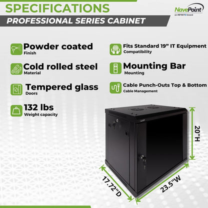 NavePoint 9U Server Rack Enclosure - 17.7” Deep, Wall Mount Network Cabinet with Locking Glass Door for 19” IT Equipment, Network Rack with 2 Fans, Removable Side Panels, Black